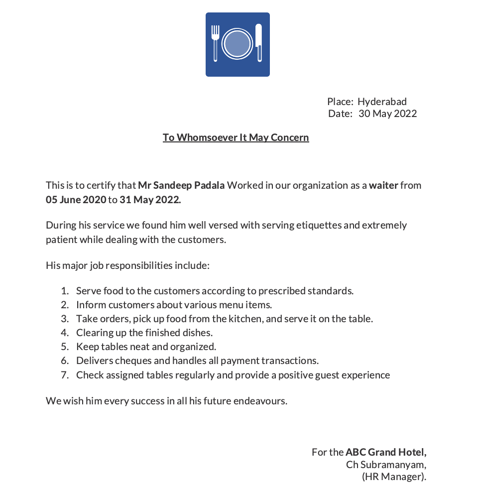 Hotel experience certificates download in MS word