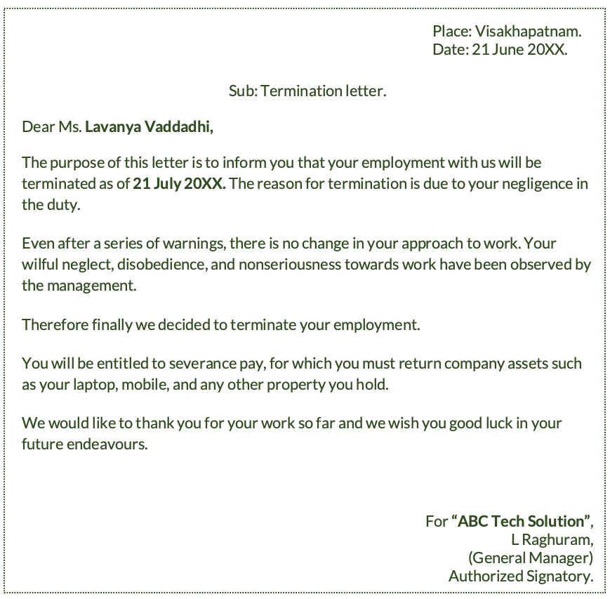 Employee termination letter in India