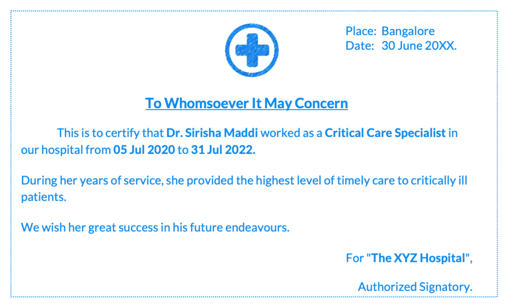 ICU doctor experience certificate in India