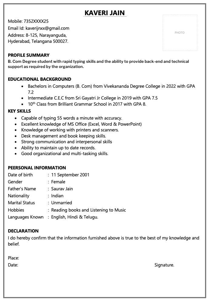 Data entry operator resume with no experience in India