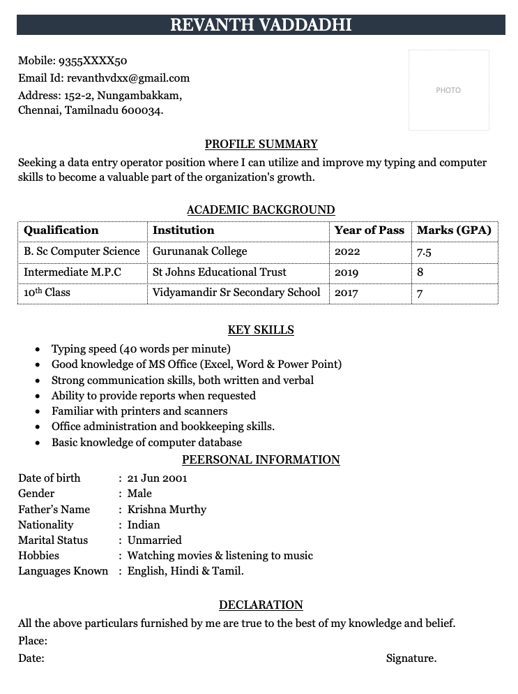 Sample data entry resume with no experience in MS word