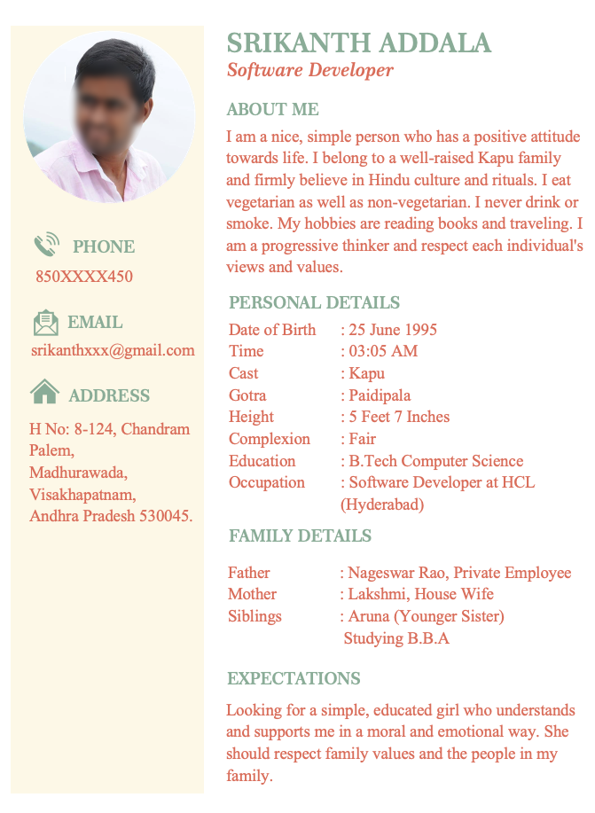 Hindu marriage biodata for boy in Word