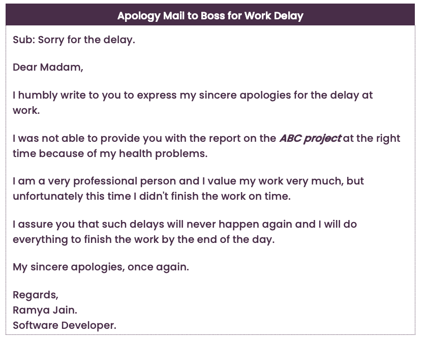 Apology email to boss for delay
