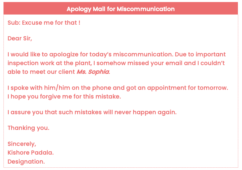 Apology email to boss for mis communication