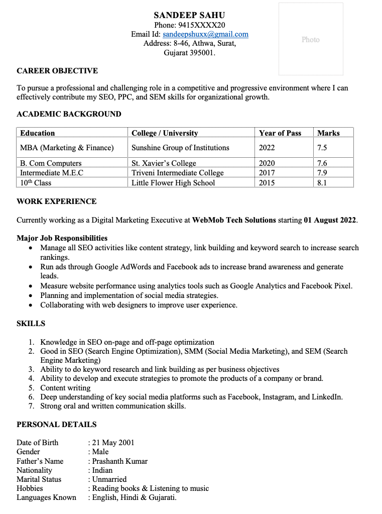 Digital marketing resume for 1 year experience