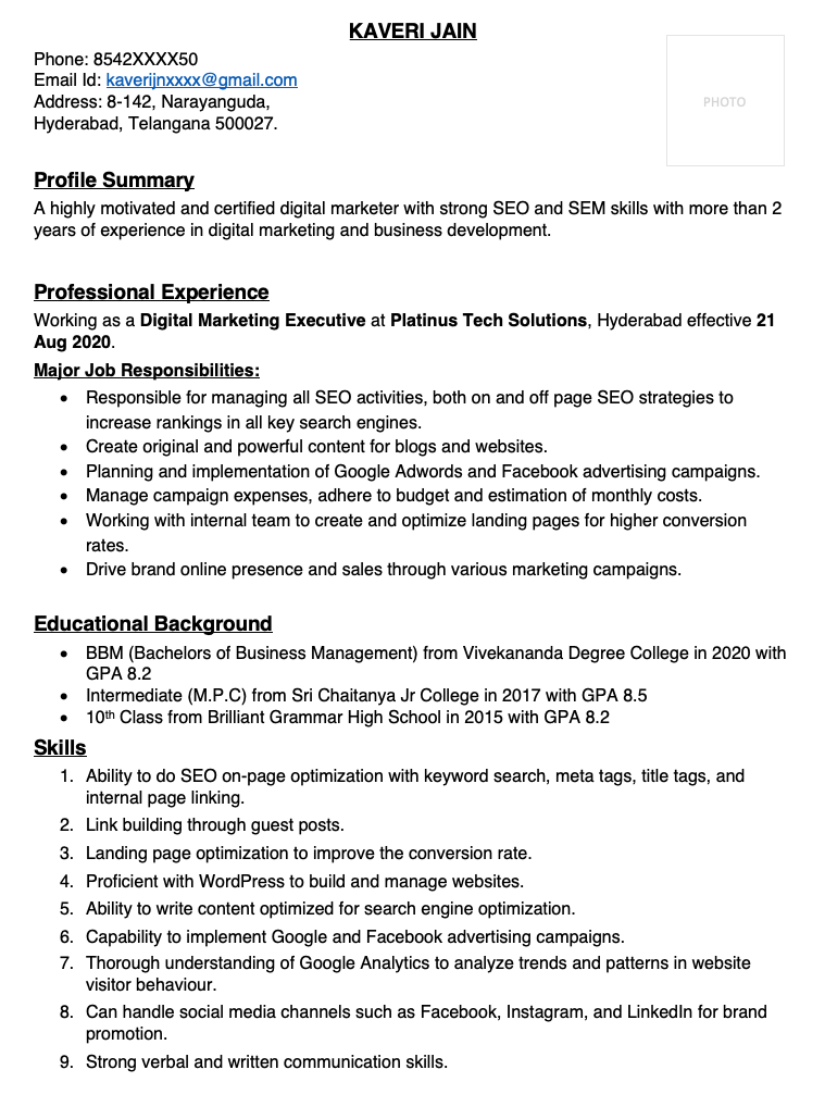 Digital marketing resume for 2 years experience