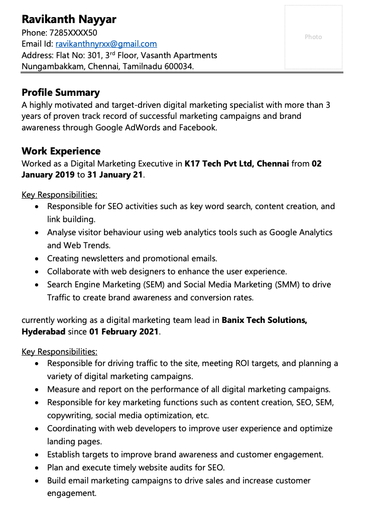 Digital marketing resume for 3 years experience download in Word