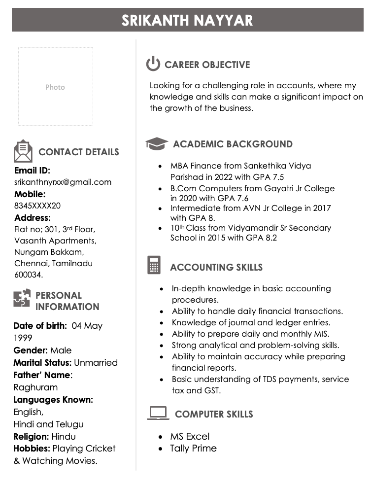 Accountant resume fresher download India