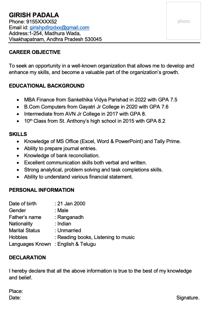 Fresher accountant resume format download in Word