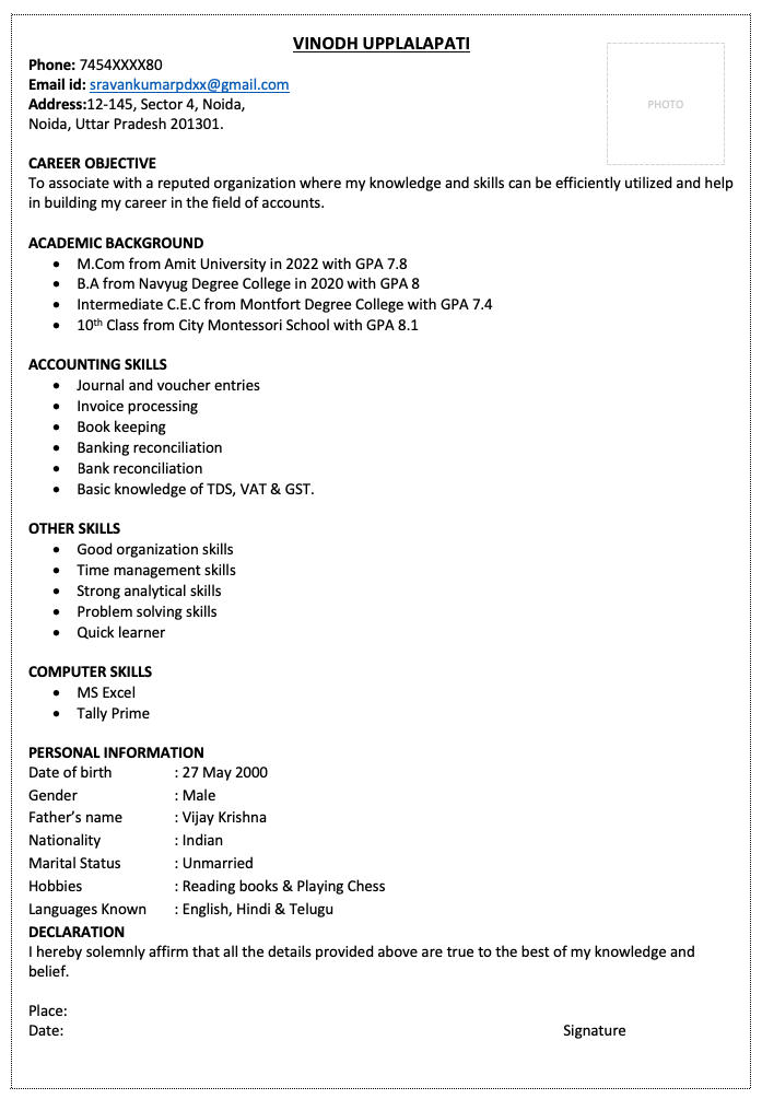 Fresher accountant resume template