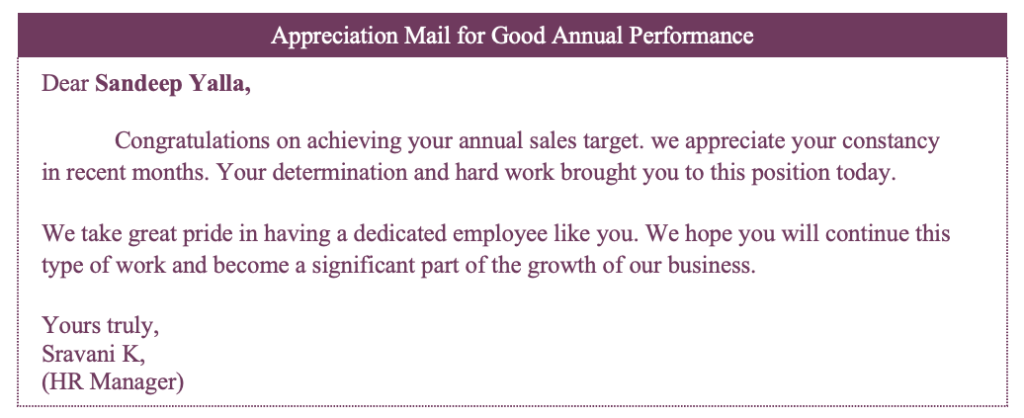 Appreciation mail for good annual performance