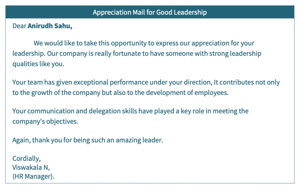 Appreciation mail for good leadership