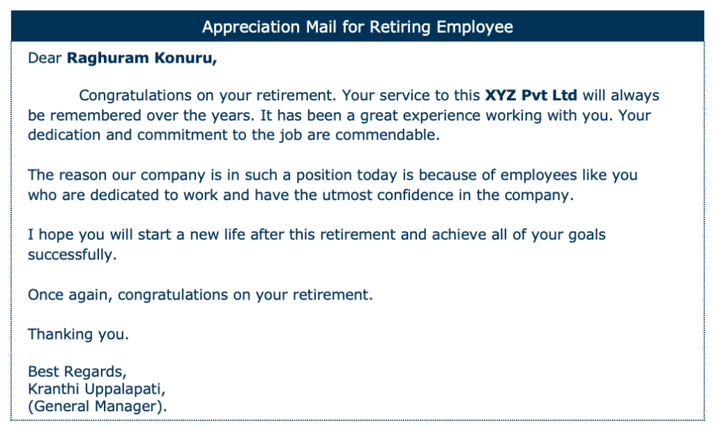 Appreciation mail for retiring employee