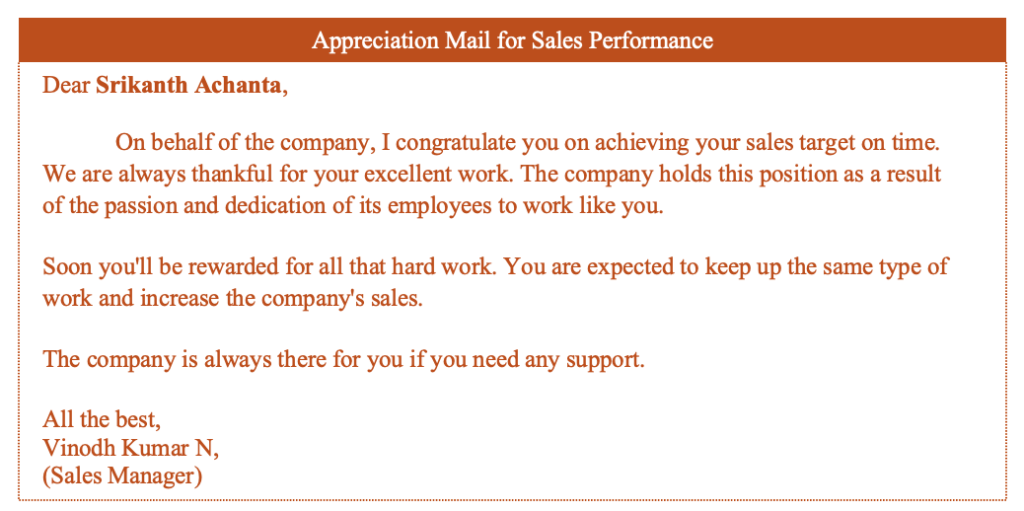 Appreciation mail for sales performance