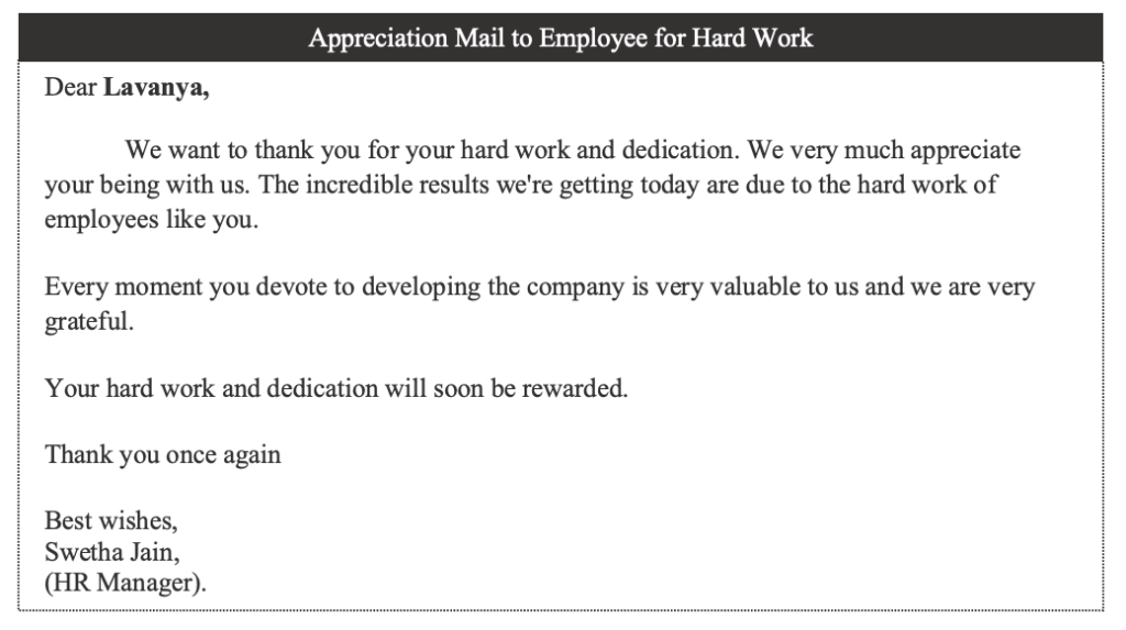 Appreciation mail to employee for hard work