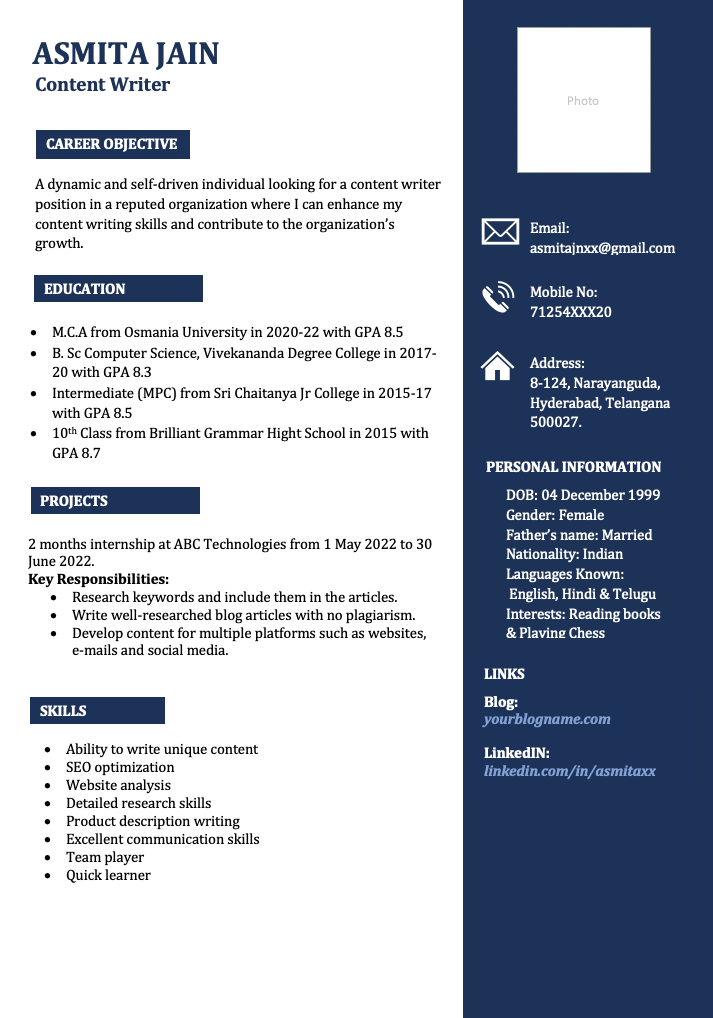 Content writing resume sample for freshers in Word format