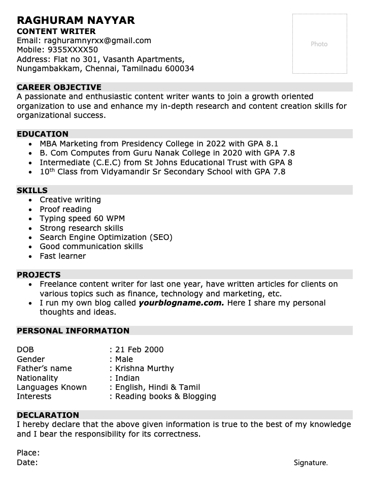Content writing resume for freshers free download
