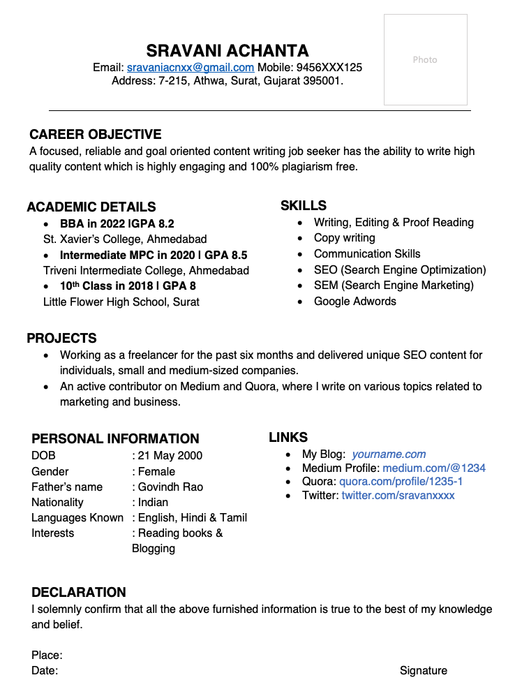 Content writer fresher resume template free download