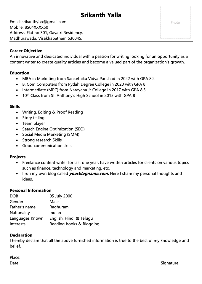 Content writer resume for freshers