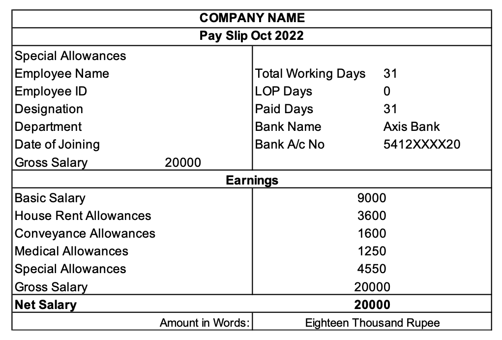 Salary slip without PF and ESI in Excel
