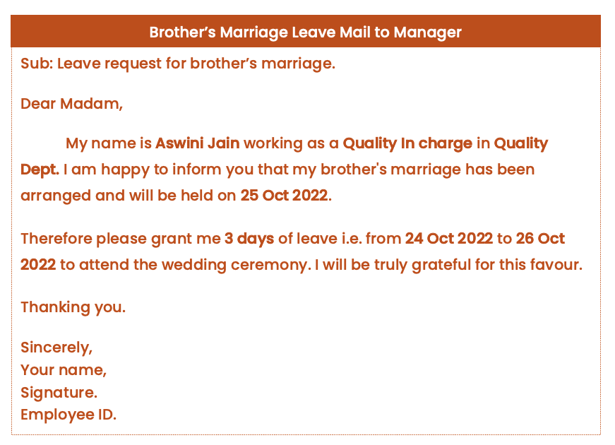 Brother's marriage leave mail to manager