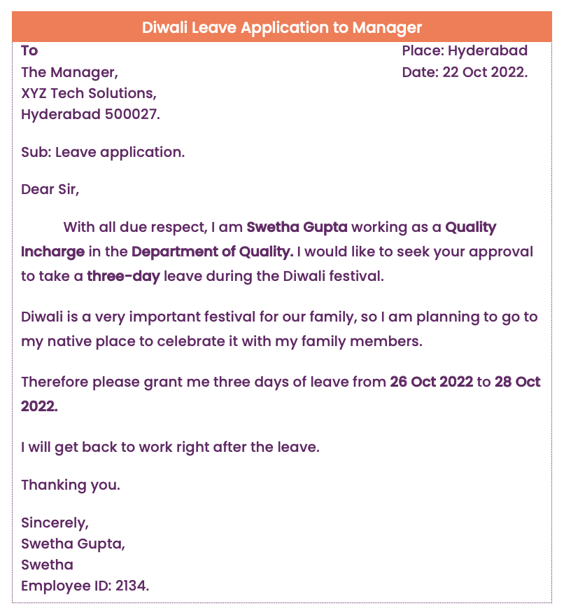 Diwali leave application to manager