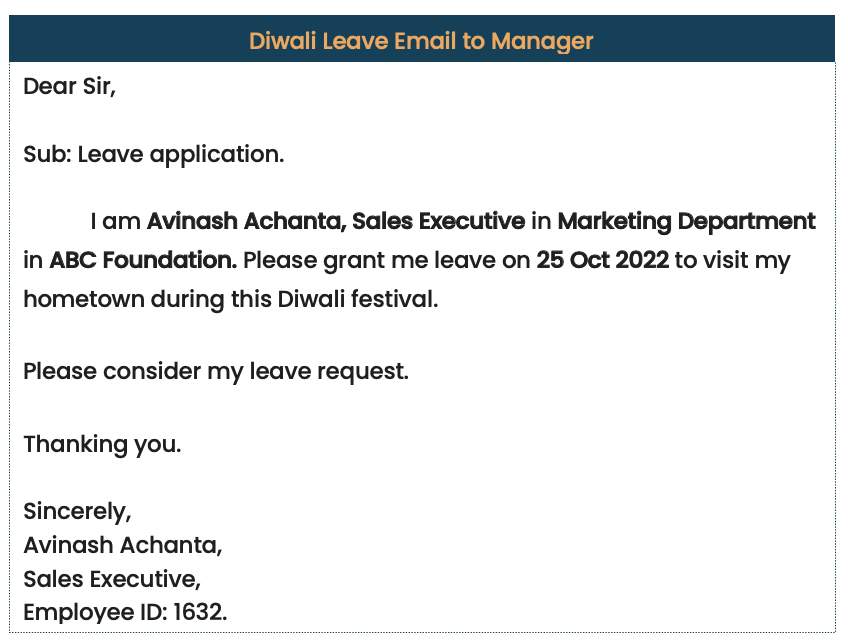Diwali leave email to manager