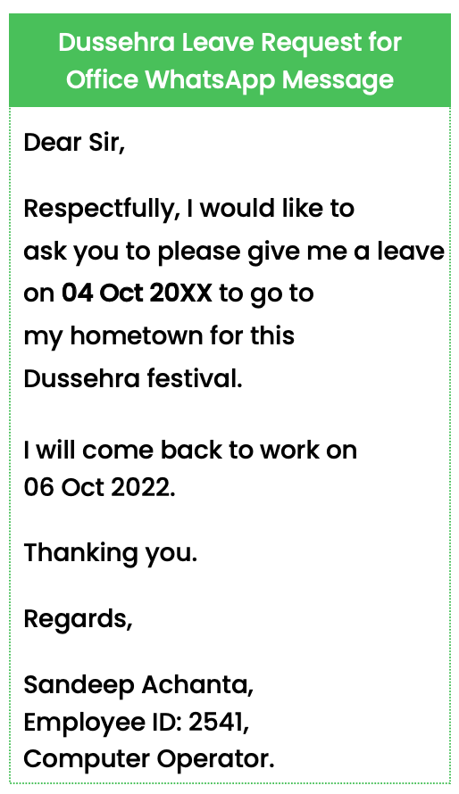 Dussehra leave application Whatsapp message