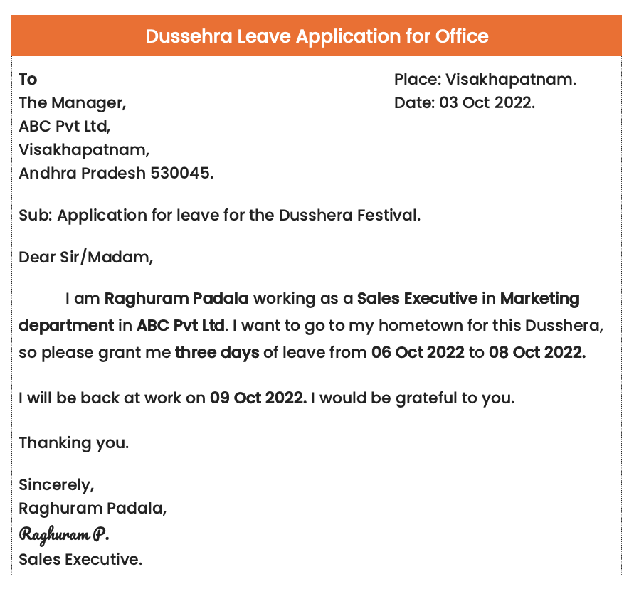 Dussehra leave application
