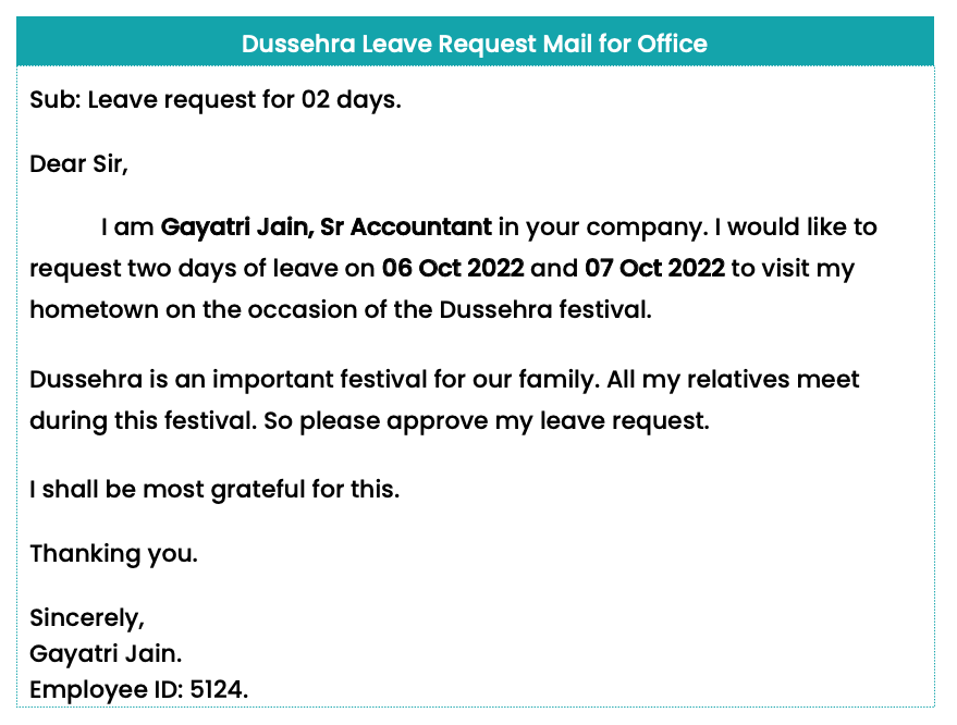 Dussehra leave request mail to manager