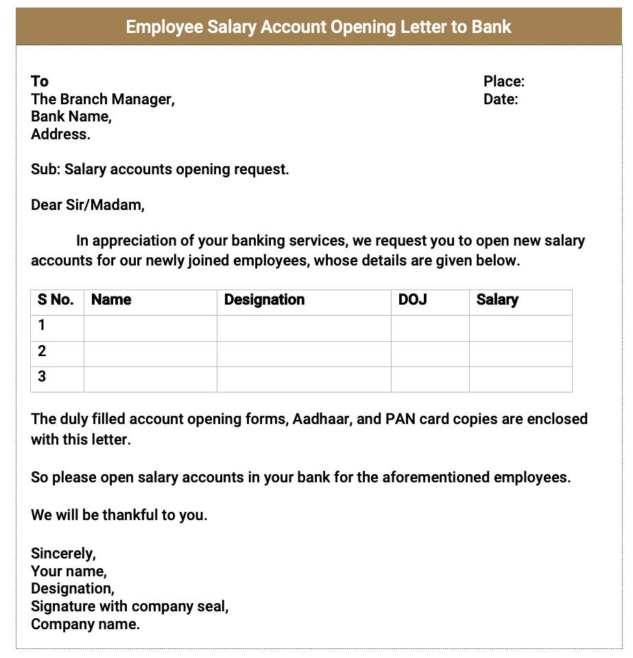 Employee salary account opening letter formats in Word