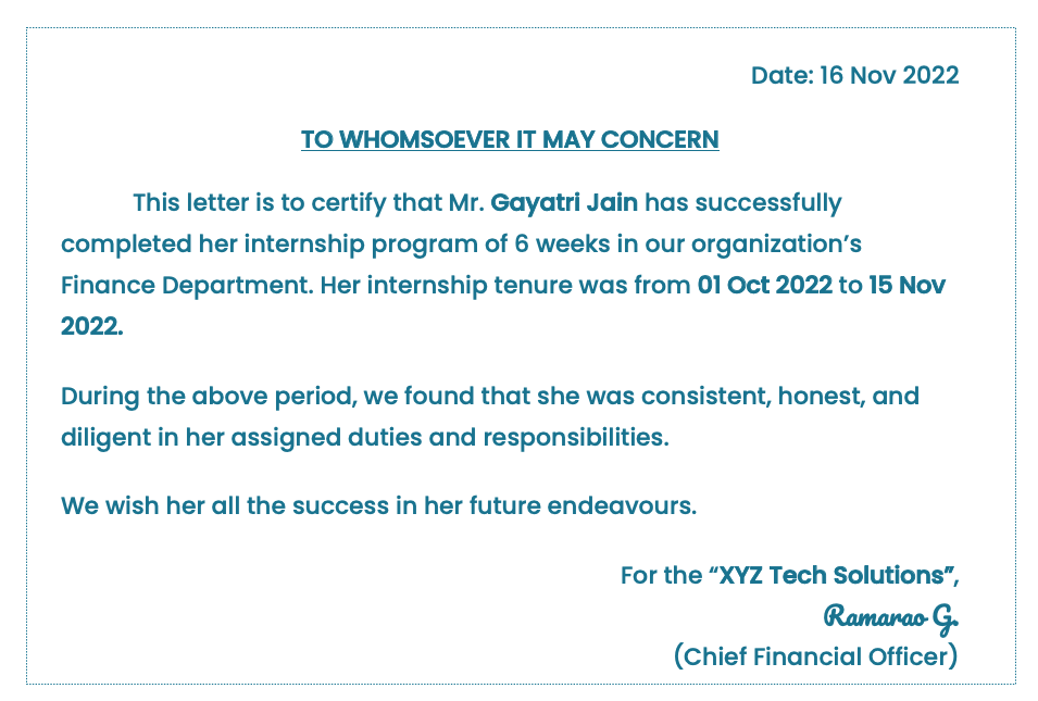 Internship experience letter template