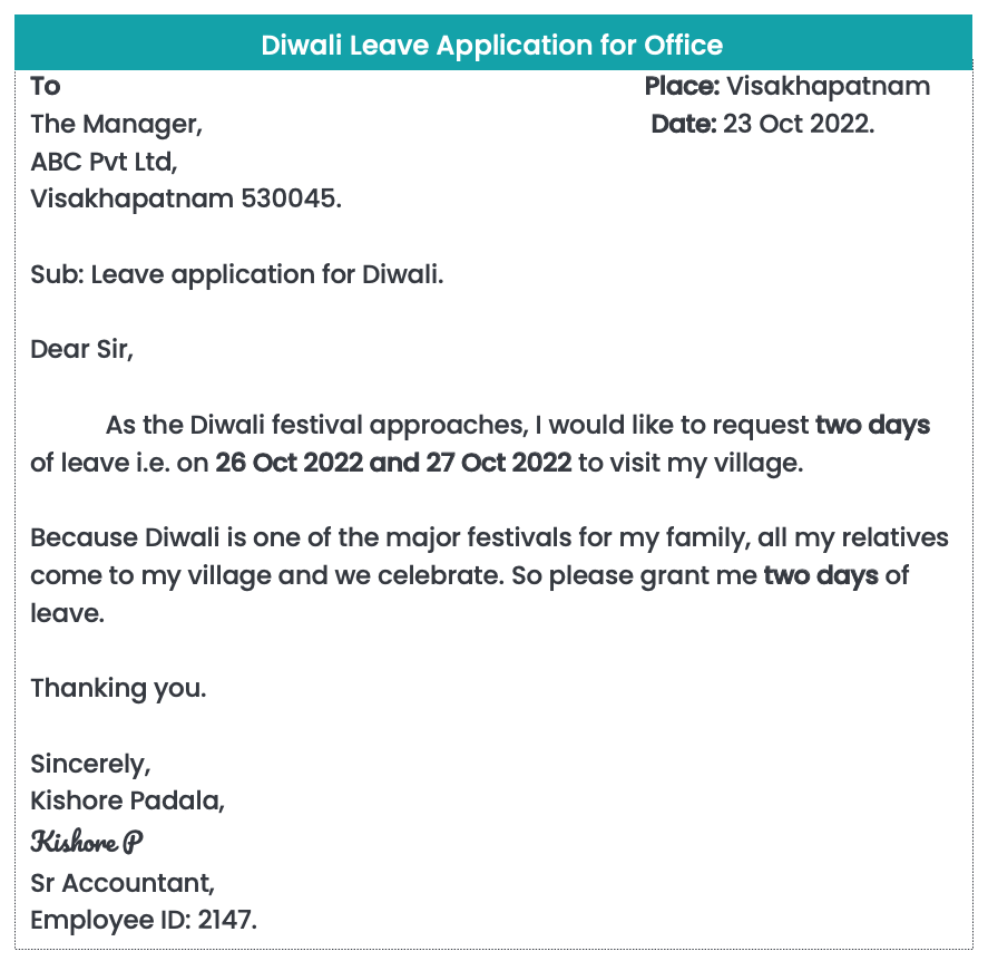 Leave application for festival of Diwali for office