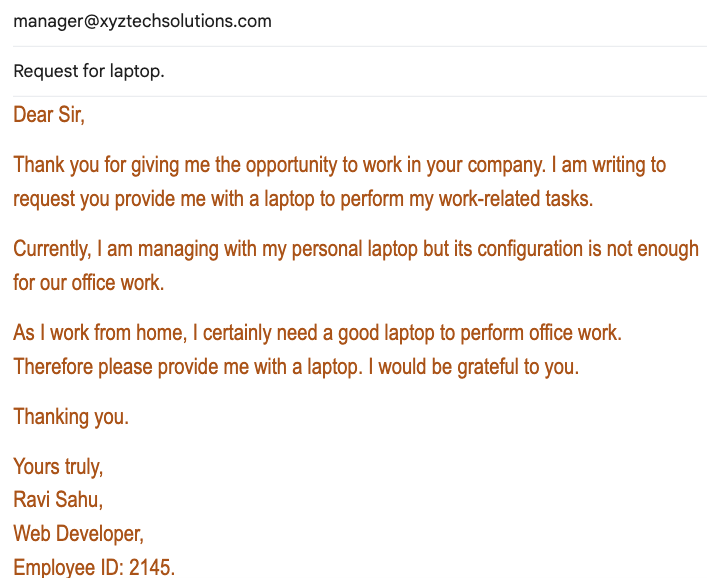 New joinee laptop request mail to manager