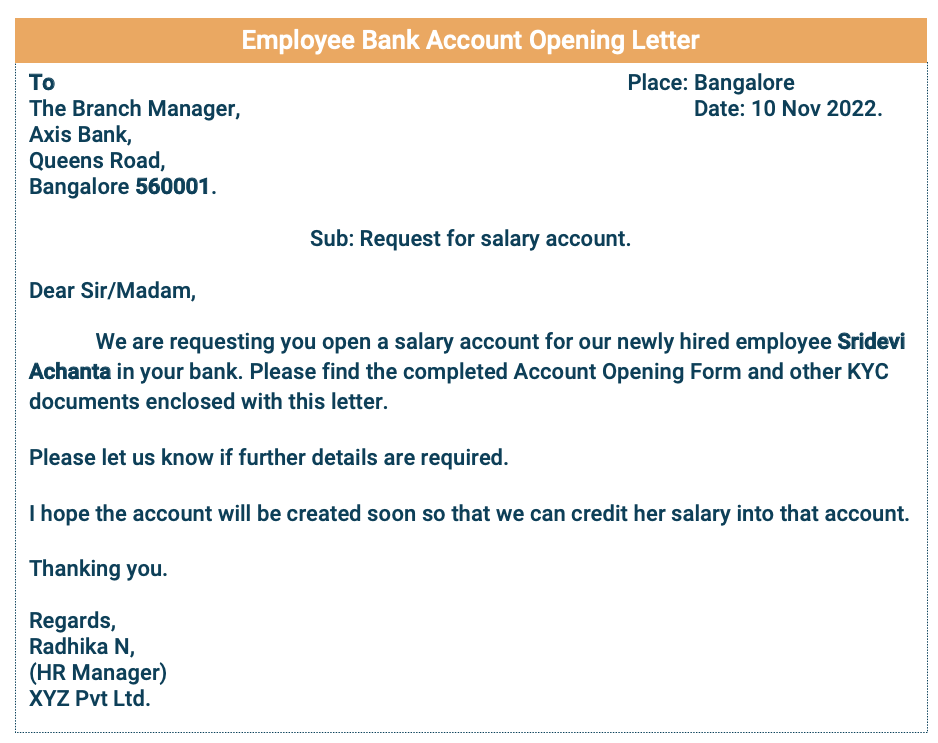 Salary Account Opening Letter for New Employee
