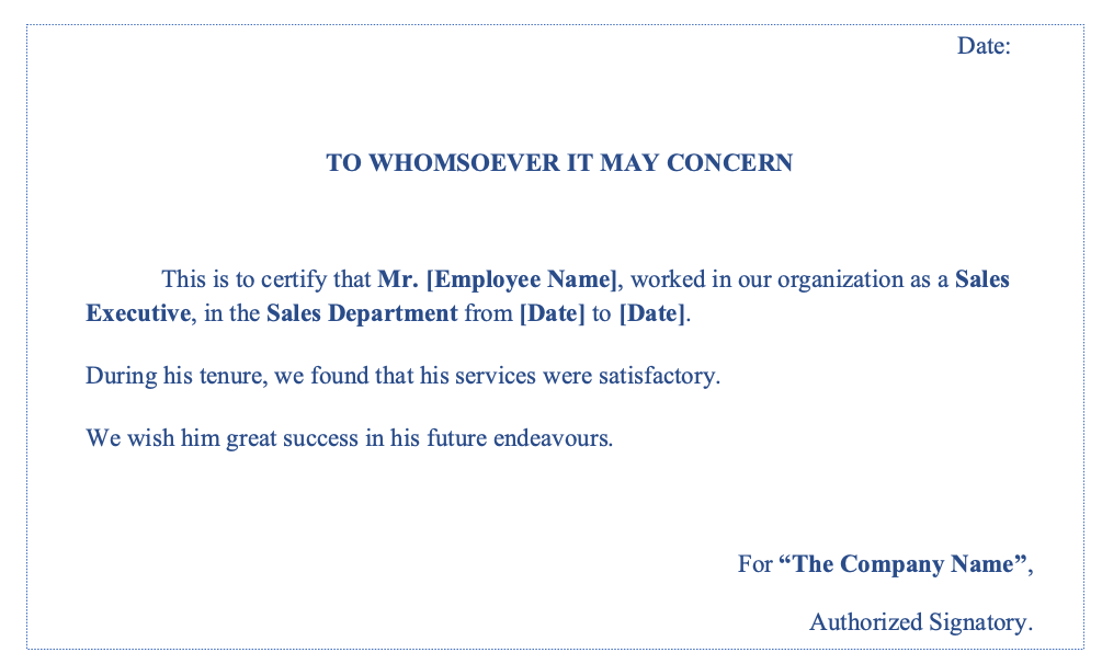 Sales work experience certificate format in Word