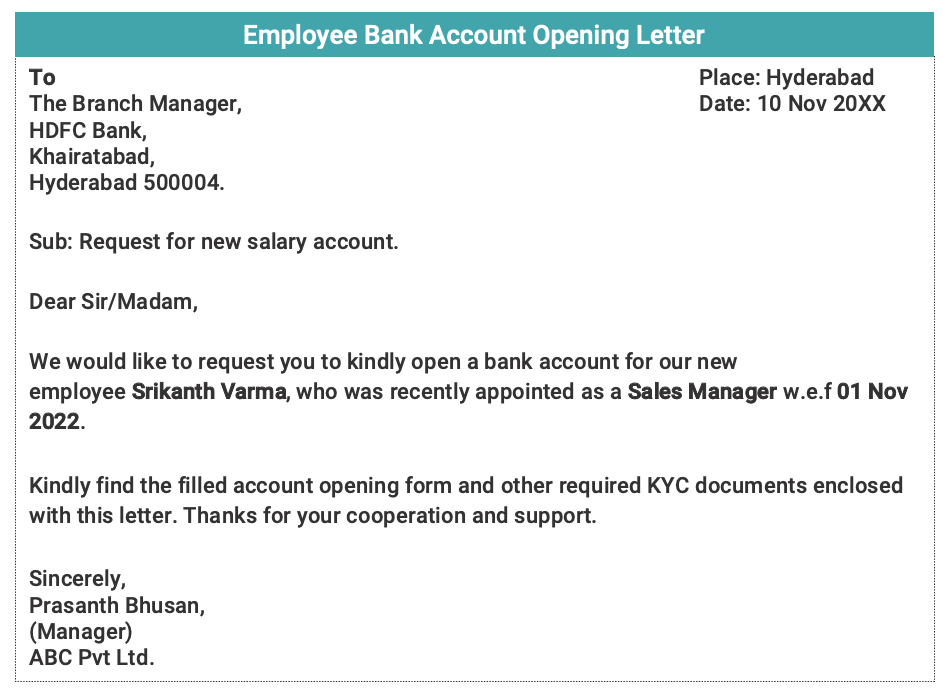 Sample Letter to Open Bank Account for Employee