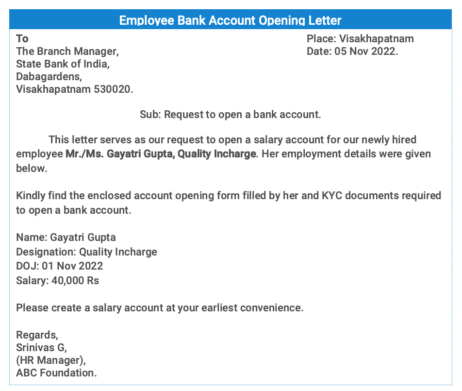 Bank Account Opening Request Letter for Company Employees