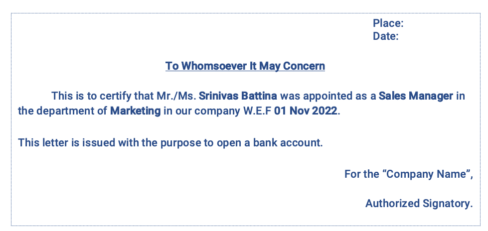 To Whom It May Concern Letter for Bank Account Opening