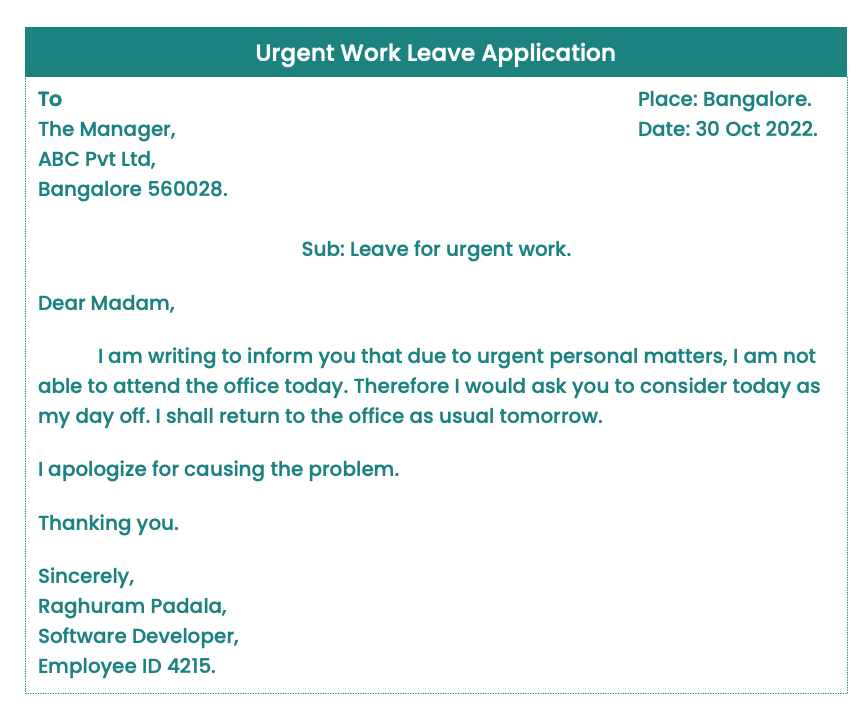 Urgent personal work leave application for office