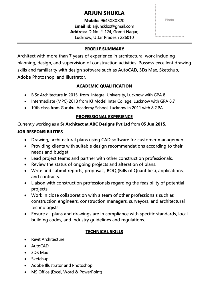 Architect resume for experienced template in Word