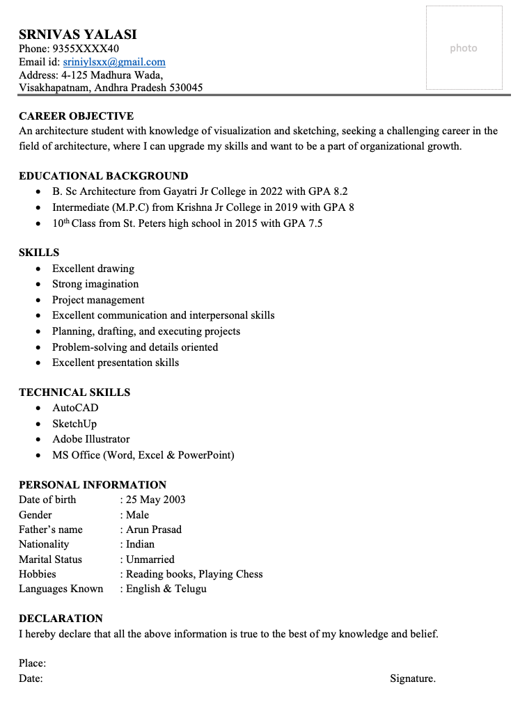 Architect resume template in Word for freshers