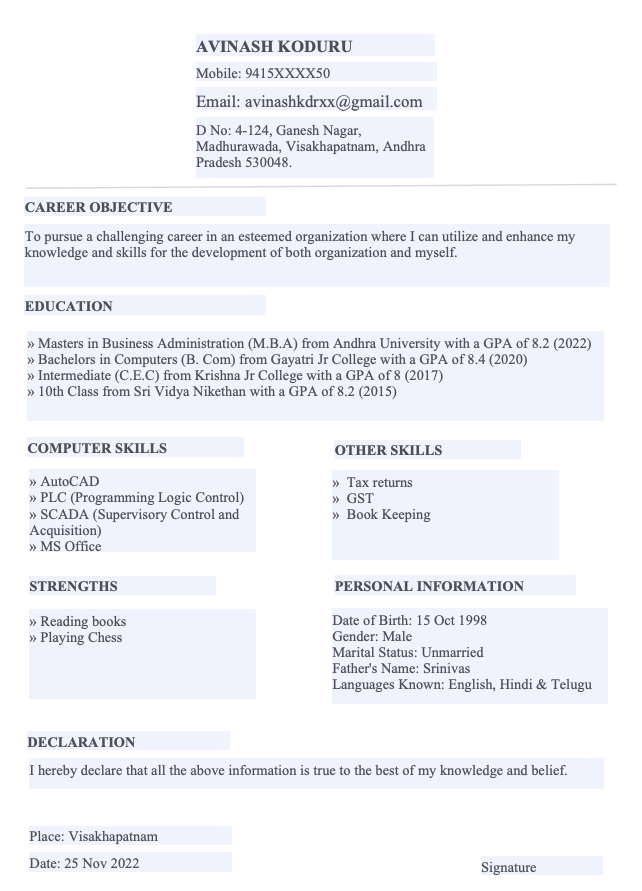 Blank resume format PDF download for freshers.