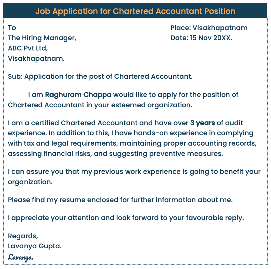 Job application for chartered accountant position