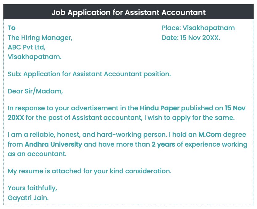 Job application for the post of assistant accountant