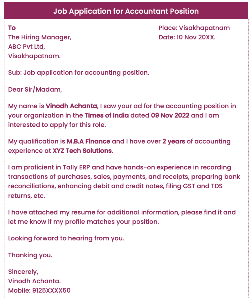 Job application letter for the post of accountant