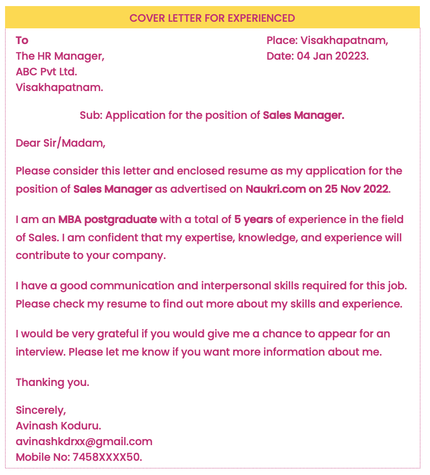 Sample cover letter for experienced in Word free download