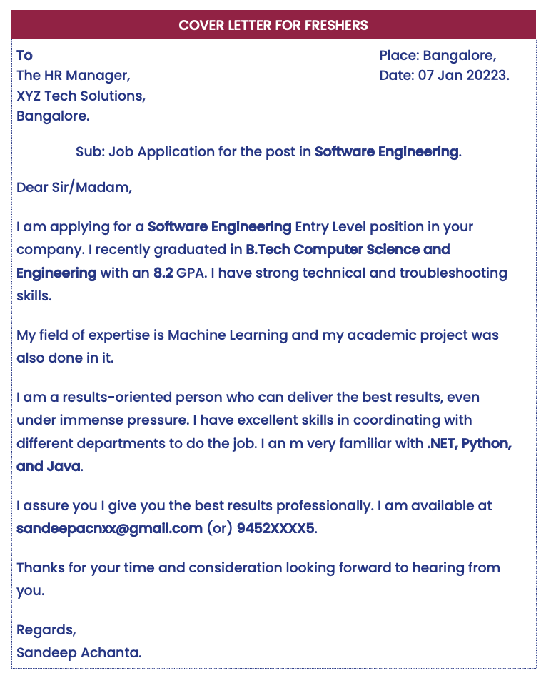 Sample cover letter for freshers in Word 