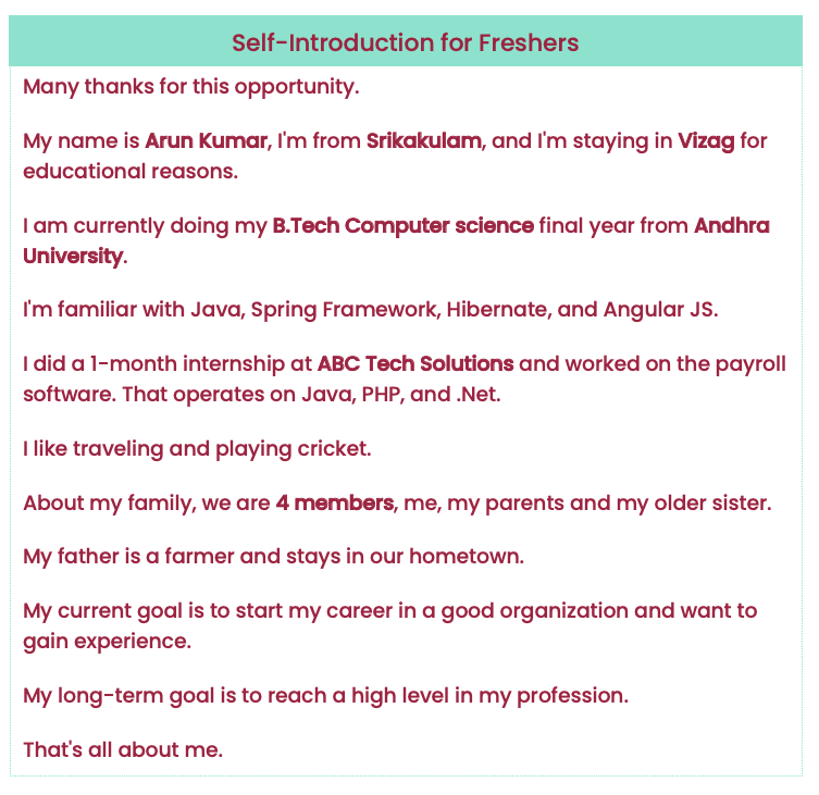Self introduction for freshers in college