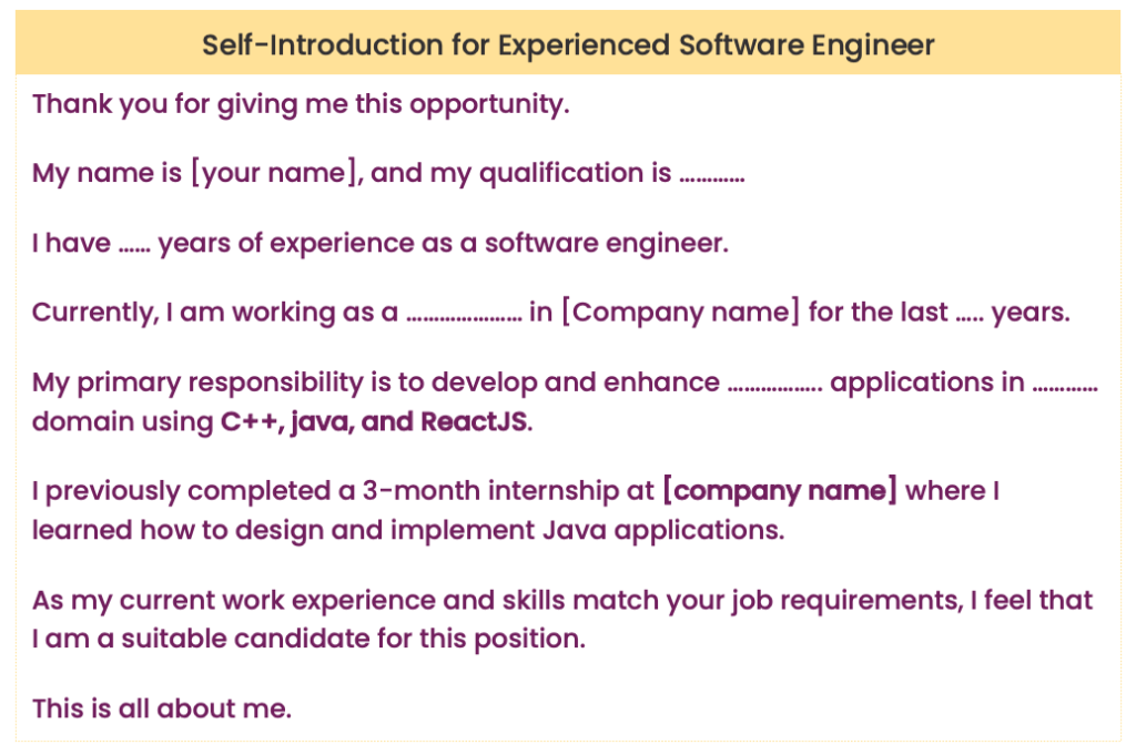 Sample self introduction for experienced software engineer